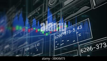 Displaying trading dashboard panels with candlestick and area graphs, grid overlay and axis labels Stock Photo