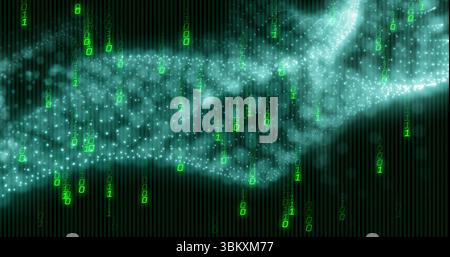 Streaming cyan-white particle wave weaving through virtual cyberspace, with green binary digits Stock Photo