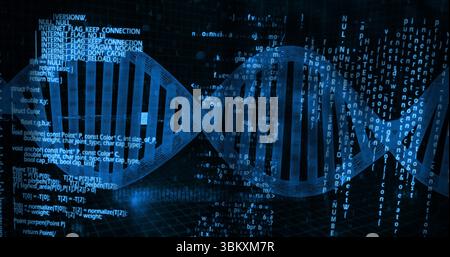 Glowing stylized DNA double helix rotating above grid floor, with floating code snippets Stock Photo