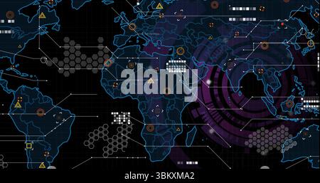 Displaying glowing blue world map in digital interface, with purple circles and white data blocks Stock Photo
