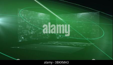 Floating holographic panels displaying math equations in chamber with green beam and particles Stock Photo
