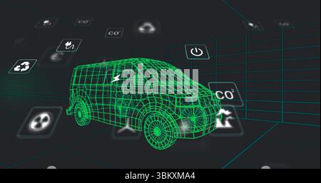 Floating wireframe van model hovering in neon grid simulation space, with translucent energy icons Stock Photo