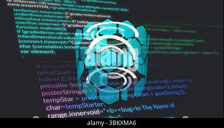 Projecting holographic hexagon-ring symbol hovering over dashboard, with blurred programming code Stock Photo