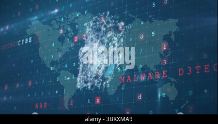 Displaying world map over dark-blue grid, showing glowing nodes and symbols with red MALWARE D3TECT Stock Photo