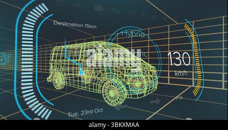 Displaying 3D wireframe van projecting within virtual simulation, with HUD arrow and speedometer Stock Photo