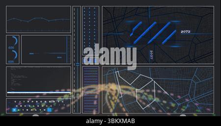 Displaying dashboard panels at control room, with line graph, circular gauges, code snippet Stock Photo