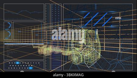 Displaying wireframe forklift model floating in diagnostic interface, with line chart and gauges Stock Photo