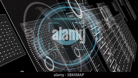 Showing circular eye icon and concentric rings hovering in data interface, with floating panels Stock Photo