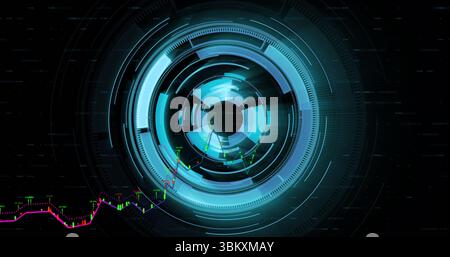 Displaying central circular HUD interface on virtual display, with candlestick chart and grid lines Stock Photo
