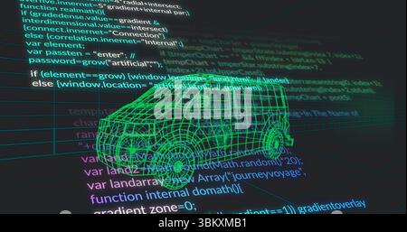 Displaying neon-green wireframe van model floating over dark code editor, with perspective grid Stock Photo