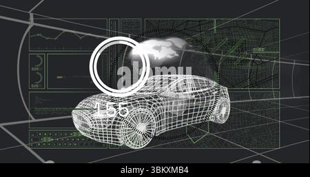 Displaying white 3D wireframe sedan model rotating in control space with HUD indicator, data panels Stock Photo