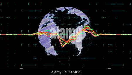 Showing digital globe floating in cyberspace with multicolor waveform, numeric values and cyan bars Stock Photo