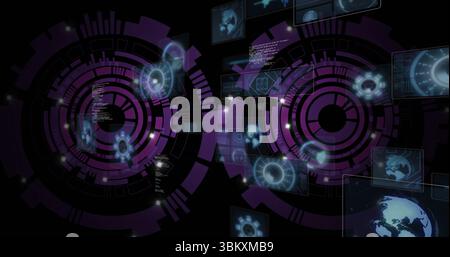 Displaying hologram panels and HUD rings floating in virtual space, with code snippets and nodes Stock Photo