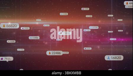Floating bell notification bubble showing 66820 notifications over cyber interface, copy space Stock Photo
