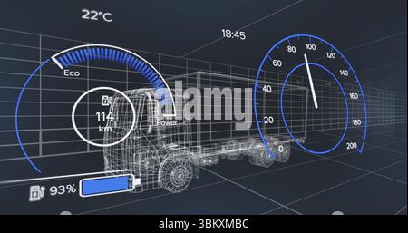 Displaying wireframe truck model moving on dark 3D grid interface, power gauge and speedometer Stock Photo