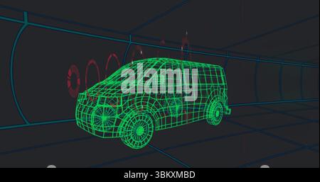Displaying green wireframe van model in 3D tunnel, showing teal grid-lined walls and red rings Stock Photo