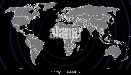 Showing world map on black background with grey landmasses, white borders and concentric blue rings Stock Photo