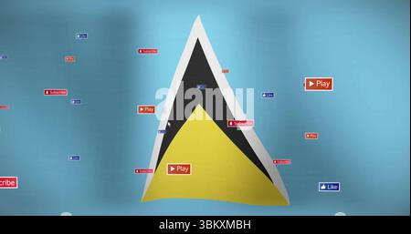 Showing black-yellow triangle against blue backdrop, with red Play and Subscribe, blue Like icons Stock Photo