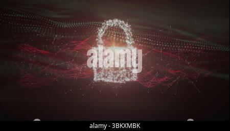 Displaying glowing white particle padlock hovering cyberspace, with red data waves and green nodes Stock Photo