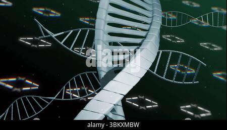 Floating large DNA helix glowing in virtual data space, with smaller helices, neon geometric shapes Stock Photo