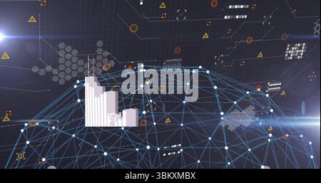Hovering network mesh projecting blue lines and nodes in virtual hub, with city skyline model Stock Photo