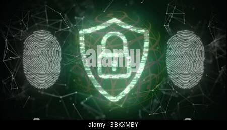 Displaying green shield icon glowing in digital network environment, with white fingerprint scans Stock Photo