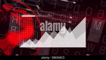Displaying chart with mountain line bar charts, radar overlay, world map, floating code on dark red Stock Photo