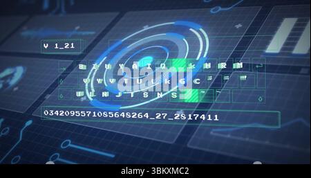 Displaying interface HUD, with translucent keyboard, concentric target, code string, grid circuits Stock Photo