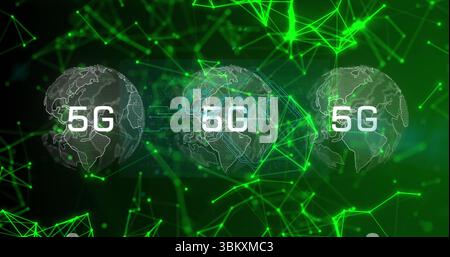 Displaying three 5G wireframe globes in network visualization, with neon green links and particles Stock Photo