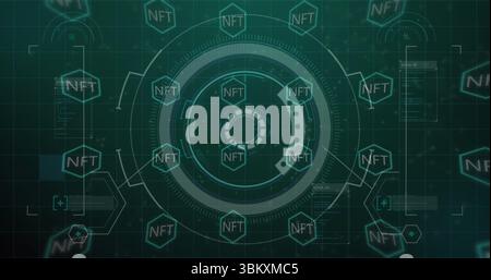 Rotating central circular HUD element displaying code on holographic display with NFT hexagon grid Stock Photo
