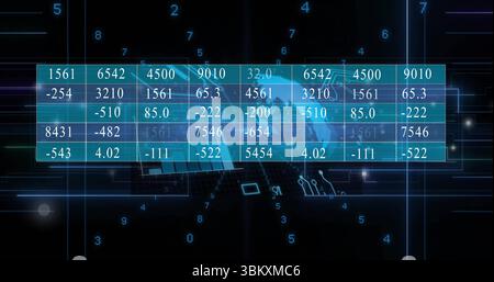 Floating data grid displaying numeric readouts on interface, with globe, circuits and digits Stock Photo