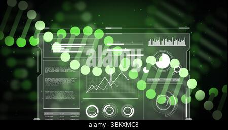 Showing translucent dashboard operating in data interface, with DNA helix, charts and data points Stock Photo