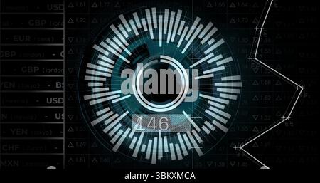 Displaying circular HUD with rings streaming data on panel, with currency table and node chart Stock Photo