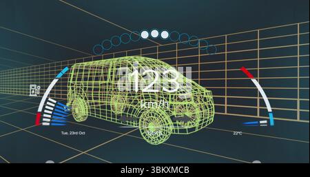 Showing wireframe van driving through grid tunnel, with speed, gauge, progress date  and  temp reado Stock Photo