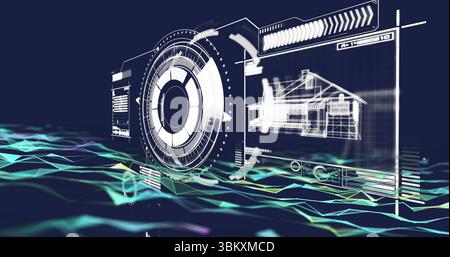 Projecting holographic HUD rotating segments in virtual space, with wave mesh and house blueprint Stock Photo