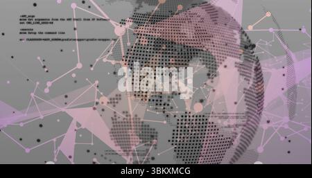 Displaying dotted globe rotating in virtual data space, with mesh, network nodes, code snippets Stock Photo