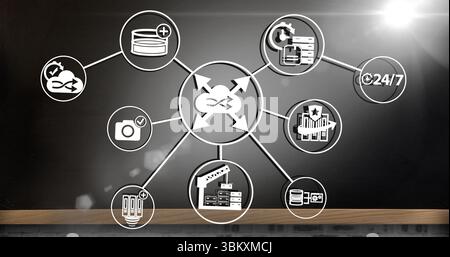 Displaying network diagram on chalkboard above wooden ledge, with infinity symbol and server racks Stock Photo