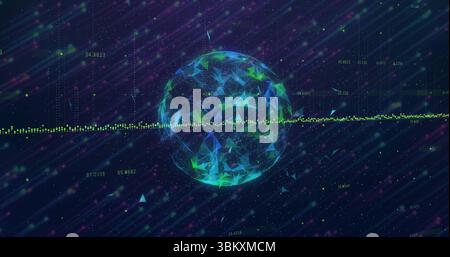 Displaying spherical mesh in virtual data space, with neon waveform, data points, diagonal streaks Stock Photo