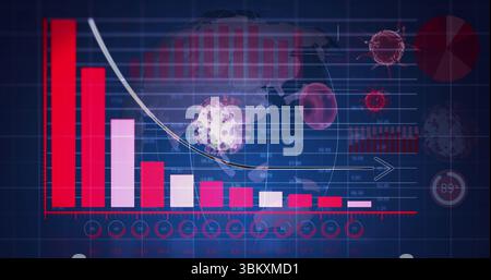 Displaying dashboard showing descending bar chart, trend line over world map, with virus icons Stock Photo