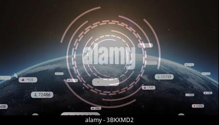 Displaying circular HUD overlay tracking connections in space, with Earth and floating data icons Stock Photo