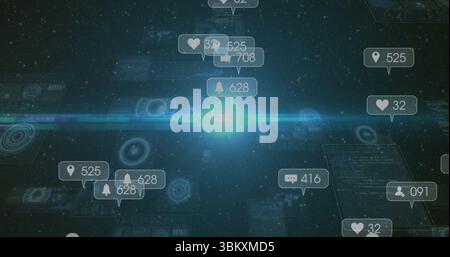 Notification icons and HUD glowing and hovering in virtual interface, with notification counts Stock Photo