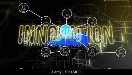 Displaying central user icon over blue chart linking icons in network, with glowing INNOVATION text Stock Photo