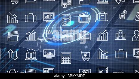 Displaying smartphone emitting swirling blue data circle on dark grid, showing financial icons Stock Photo