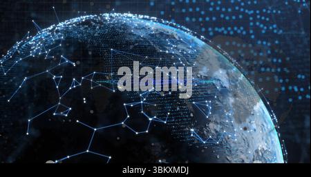 Showing Earth globe rotating in virtual space, with glowing nodes, connections and dotted data grid Stock Photo