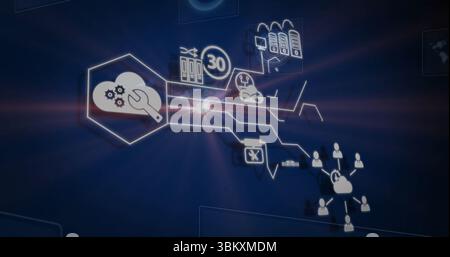 Displaying network icons connecting cloud wrench folder 30 server rack sync symbols on dashboard Stock Photo