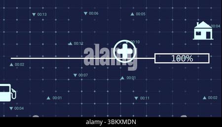 Displaying white progress line, plus icon, 100%, timestamps, gas pump and house icons, on blue grid Stock Photo