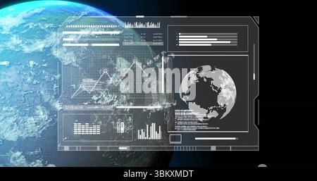 Displaying futuristic HUD panel showing line graph, bar chart, world map over Earth view, with data Stock Photo