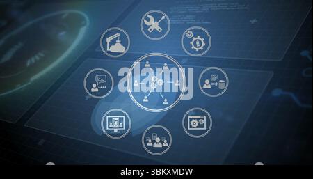 Displaying central user-gear icon connecting eight icons on dark blue grid interface, with panels Stock Photo