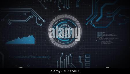 Displaying HUD glowing on grid, with concentric rings, circuitry, chart, binary line, code snippet Stock Photo