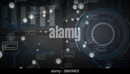 Displaying concentric circular HUD at right on grid background, with message bubbles, circuit lines Stock Photo